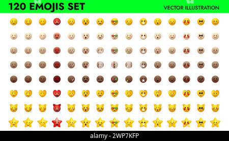 Emoji set vector illustration design. Emoticons pack for web and mobile applications. Facial signs for messengers ans chats. Yellow and different skin Stock Vector