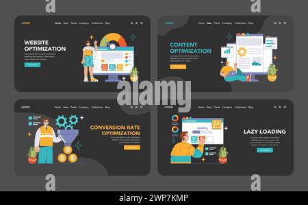 Website optimization dark or night mode web, landing. Performance monitoring, content strategy, conversion optimization, and lazy loading techniques for an efficient digital footprint. Stock Vector