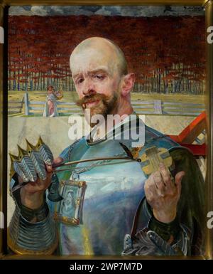 Self -portrait in armor with violinists; Malczewski, Jacek (1854-1929); 1908 (1908-00-00-1908-00-00);self -portraits, musical instruments, butterflies, portraits of artists, portraits against the background of landscape, symbolic portraits, gutter, violin, armor Stock Photo