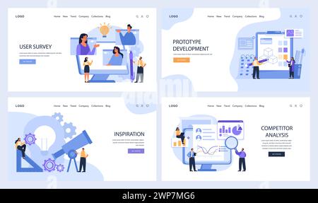 Design Thinking web or landing set. Digital stages from user survey to competitor analysis. Steps for web-based solution development, user interaction and data assessment. Flat vector Stock Vector