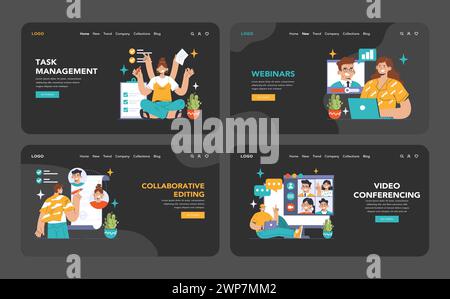 Collaboration tools dark or night mode web, landing set. Employees using technology for teamwork. Video conferencing, cloud storage, task management. Enhancing productivity. Flat vector illustration Stock Vector