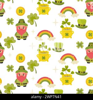 St patricks day seamless pattern, clover, gnome leprechaun, coins, rainbow. vector Stock Vector