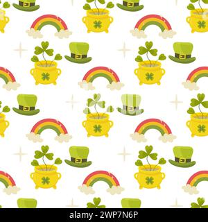St patricks day seamless pattern, clover, gnome leprechaun, coins, rainbow. vector Stock Vector