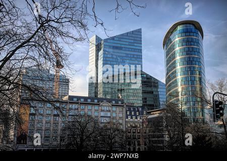 The modern cityscape with skyscrapers in the Brussels North business center seen from Botanical garden Stock Photo