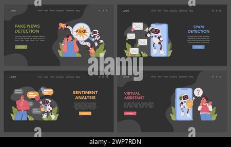 Natural language processing set. AI tools combating misinformation, aiding communication, and filtering content. Interactive and instructive digital support. Flat vector illustration Stock Vector