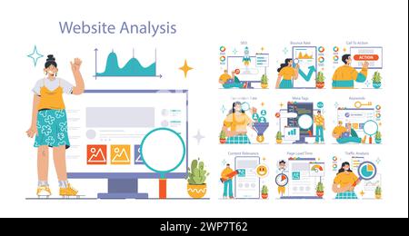 Conversion Rate Optimization set. Experts analyzing website performance ...
