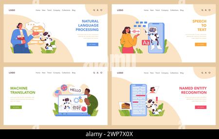 Natural language processing set. Speech-to-text technologies, machine translation and named entity recognition. Technological interpretation and artificial intelligence learning. Flat vector Stock Vector