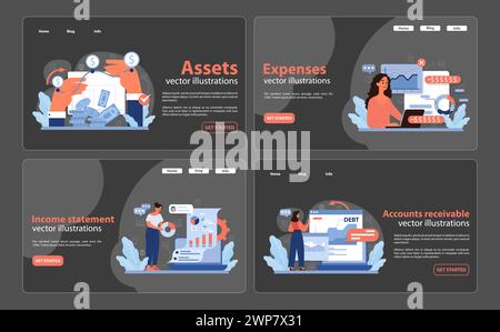 Accounting mastery set. Professionals manage assets, monitor expenses, decipher income statements, and oversee accounts receivable. Financial documentation at its finest. Flat vector illustration. Stock Vector