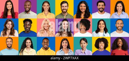 A tapestry of radiant faces, this collection captures a diverse group of individuals smiling Stock Photo