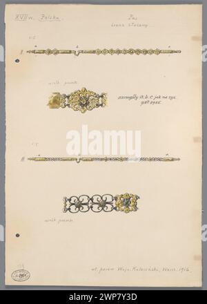 17th-century brown belt photographed in 1916 by W. Adys Aw Roman Sztolcman, showing front, side, and detailed views from the collection of Wojciech Kolasi in Warsaw. Stock Photo