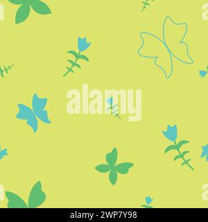 Butterfly pattern. Seamless pattern with butterfly and flower on a yellow background. Summer pattern for printing Stock Vector