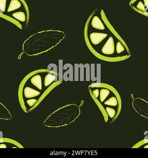 Seamless lime pattern with leaves on a dark background. Endless pattern with citrus. Repeated pattern with lime slices. Stock Vector
