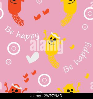 Seamless pattern. Jumping cartoon characters. Springs. Funny characters with the inscription Be happy on a pink background. Stock Vector