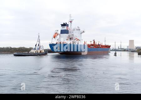 The Manchester ship canal-with big ship-at Ellesmere port. Stock Photo