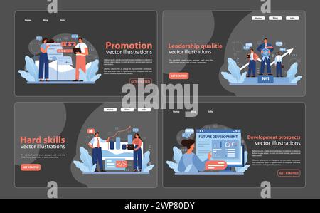 Complete vector illustration set showcasing Promotion, Leadership Qualities, Hard Skills, and Development Prospects, integral to career growth. Flat vector illustration. Stock Vector