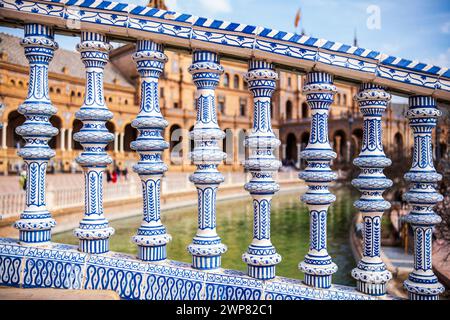Close up of spanish tiles called azulejos on handrail at Plaza de Espana, Seville, Spain Stock Photo