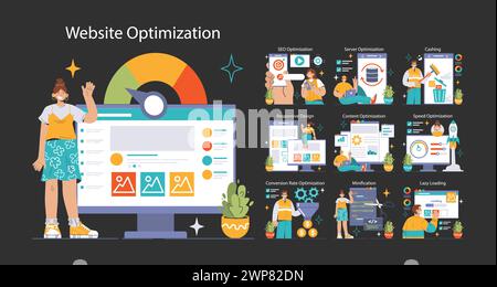 Website Optimization dark or night mode set. Expert showcasing strategies. SEO enhancements, responsive design, speed boost. Content refining, server tweaks. Flat vector illustration. Stock Vector