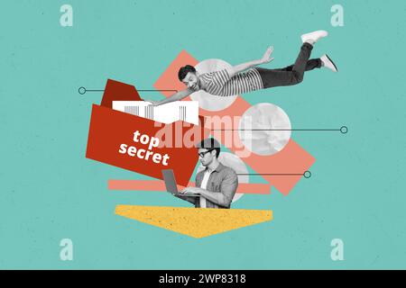 Collage 3d pinup pop sketch image of hackers opening top secret computer files isolated green color background Stock Photo