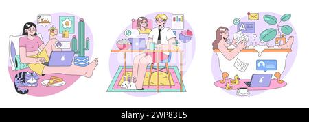 Work from home set. Relaxed professionals multitasking. Analyzing data, collaborating on a project, unwinding in the bathtub. Moments of daily remote work. Flat vector illustration Stock Vector