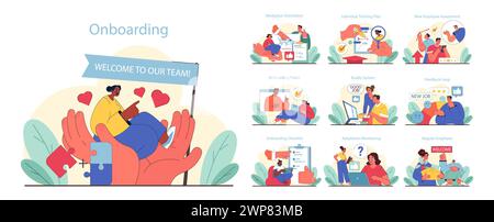 Onboarding set. Welcoming new hires with comprehensive steps. From orientation to becoming a team member. Flat vector illustration. Stock Vector