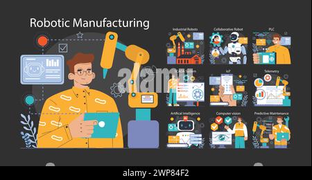 Robotic manufacture dark or night mode set. Automated systems or AI working for manufacturing process. Industrial robots development. Business integration with technology. vector illustration Stock Vector