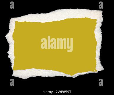 Torn piece of yellow paper, background for banner. Blank paper piece message, reminder, sign, tag, label. Ripped cardboard empty background. Design Stock Photo