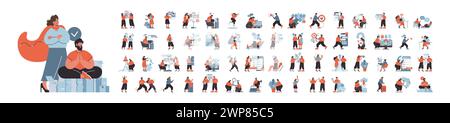 Workplace dynamics set. A diverse series of scenarios showcasing professionals navigating corporate life, from strategic planning to tech interaction. Inclusive, modern workplace themes. Flat vector. Stock Vector