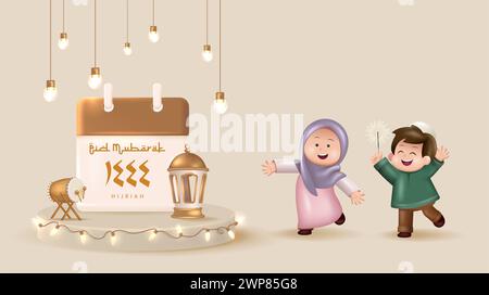 Translation : Happy Eid Mubarak. Cute Boy and Girl for Greetings Marhaban Ya Ramadan Vector Illustration. 3D Realistic Ramadan Kareem Poster Design Stock Vector