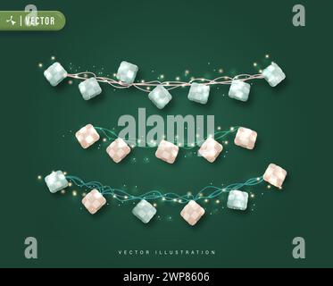 Translation : Happy Eid Mubarak. Eid Mubarak Ornaments Bright Light Garlands and Hanging Ketupat Stock Vector