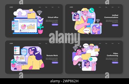Digital Workspace set. Secure cloud storage interface, employees in unified communication, secure remote connection via VPN, team video conferencing. Flat vector illustration. Stock Vector