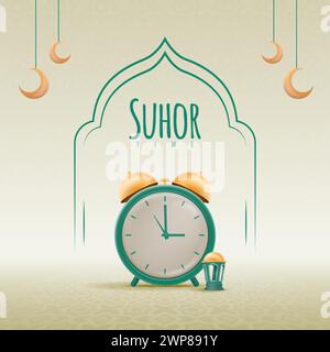 Suhoor Design with Alarm Clock Showing 3 am to Wake Up Vector Illustration. Simple Template for Pre Dawn Meal Poster Banner Stock Vector