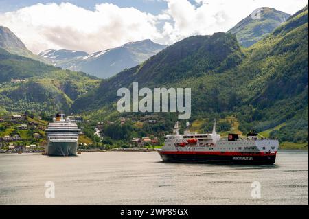 The MS Vesterålen a Hurtigruten boat passing through the Geiranger ...