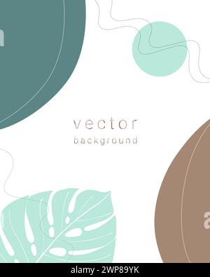 A modern abstract design featuring overlapping organic shapes in a cool color palette, with minimalist lines and a tropical leaf motif for a fresh, calming visual experience. Stock Vector