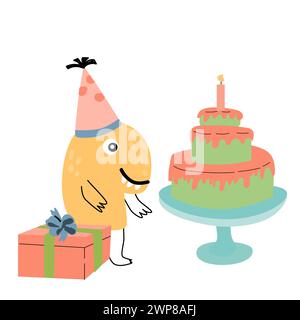 Cute monster baby character for anniversary birthday card. Vector illustration can used for banner, baby birthday background, greeting card. Cake and Stock Vector