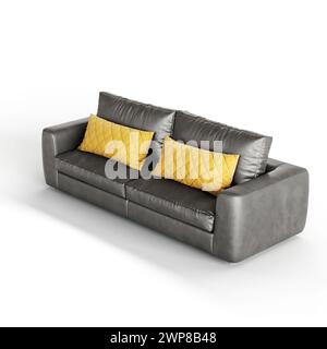 A 3D render of a contemporary gray leather sofa with yellow accent pillows Stock Photo