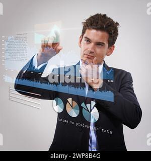 Businessman, graph and thinking on digital screen with statistics isolated on a white studio background. Chart, trader and touchscreen for finance Stock Photo