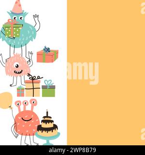 Celebration design - cute monster background, card template. Vector illustration of cute doodle characters for invitation design, menu background, gre Stock Vector