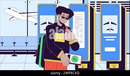 Ticket buying at self service check in cartoon flat illustration Stock Vector