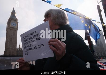 London, UK. 6th Mar, 2024. Protest outside Parliament on the day the Chancellor of the Exchequer is set to deliver his Budget Statement. This key event in the financial calendar will outline the government's plans for the economy in the coming year. Credit: Joao Daniel Pereira/Alamy Live News Stock Photo