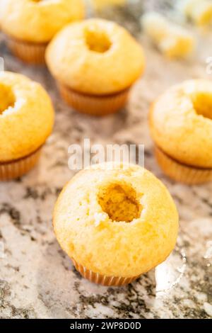 Filling Vanilla, Chocolate Cupcakes with Lemon, Raspberry Stock Photo