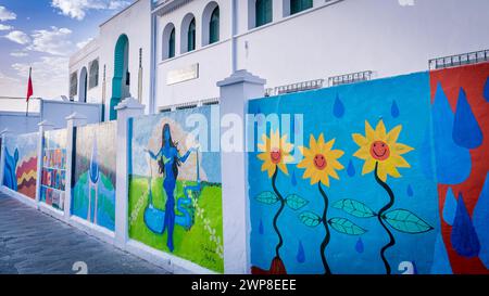 A wall adorned with various paintings in Asilah, Morocco Stock Photo