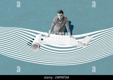 Creative photo collage young man explore business plan paper poster engineer plan occupation work document drawing background Stock Photo