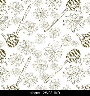 Hand drawn pattern with honey spoon in vintage sketch. Vector illustration can used for wrapping paper, textile, food label, print for organic honey p Stock Vector