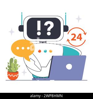FAQ Chat Bot concept. A digital assistant ready for queries, showcasing round-the-clock service. Instant answers. Efficient online help. Flat vector illustration. Stock Vector