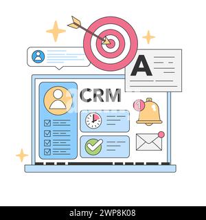 CRM software visualization concept. Laptop showcasing customer relationship management interface. Targeted marketing, streamlined communication, and task reminders. Flat vector illustration. Stock Vector