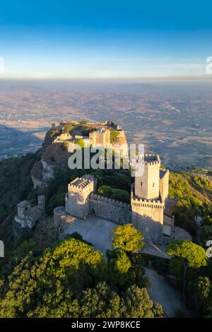 Aerial view of the village and castles of Erice. Erice, Trapani district, Sicily, Italy. Stock Photo