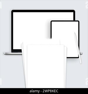 Tablet mockup, Notebook mock-up, Laptop mock up, Vector shapes, Device templates, Useful outlines, Use ful outlines Stock Vector