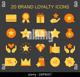 Brand Loyalty Icon Set. Encapsulating customer rewards, quality service, and exclusive benefits. Celebrating consumer engagement and repeat business. Flat vector illustration Stock Vector