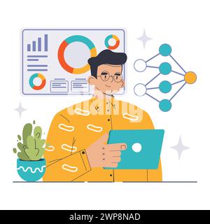 Neural Network concept. Man analyzes data on screen, connection nodes insight. Artificial intelligence, deep learning. Flat vector illustration Stock Vector