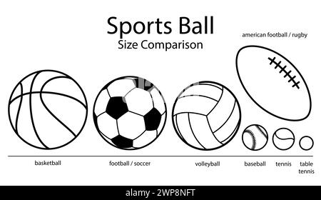 sports ball size diameter comparison - set of black and white vector silhouette symbol illustrations Stock Vector